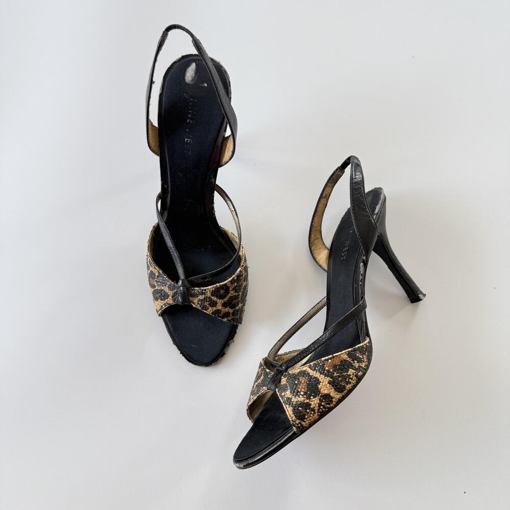 Nine West Heel Shoes Womens Size 7 Black Leopard Slingback Bow Open Toe Stiletto